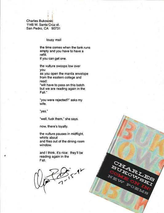 Lousy mail: Signed Charles Bukowski Poem that Appeared in “Come On In”