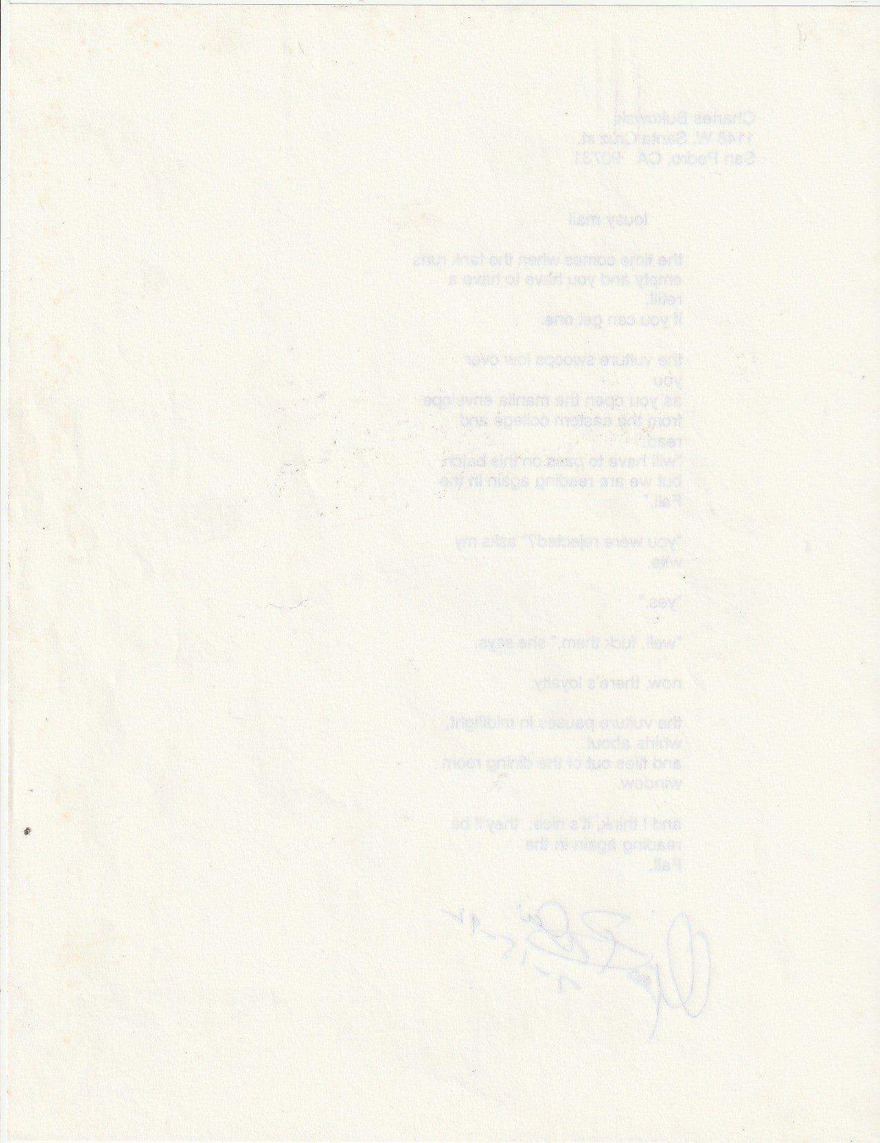 Lousy mail: Signed Charles Bukowski Poem that Appeared in “Come On In”