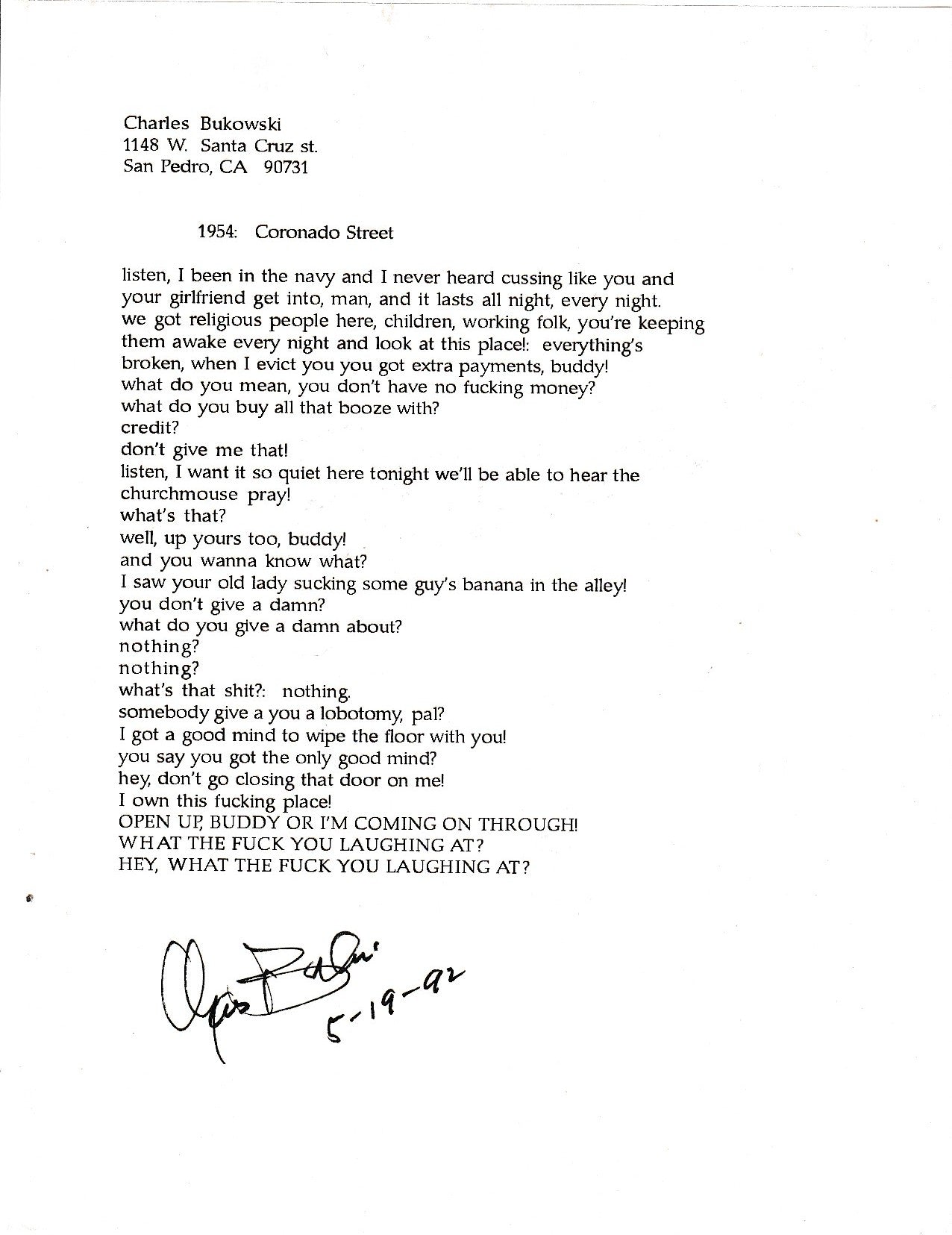1954: Coronado Street -- Signed, Uncollected Poem by Charles Bukowski