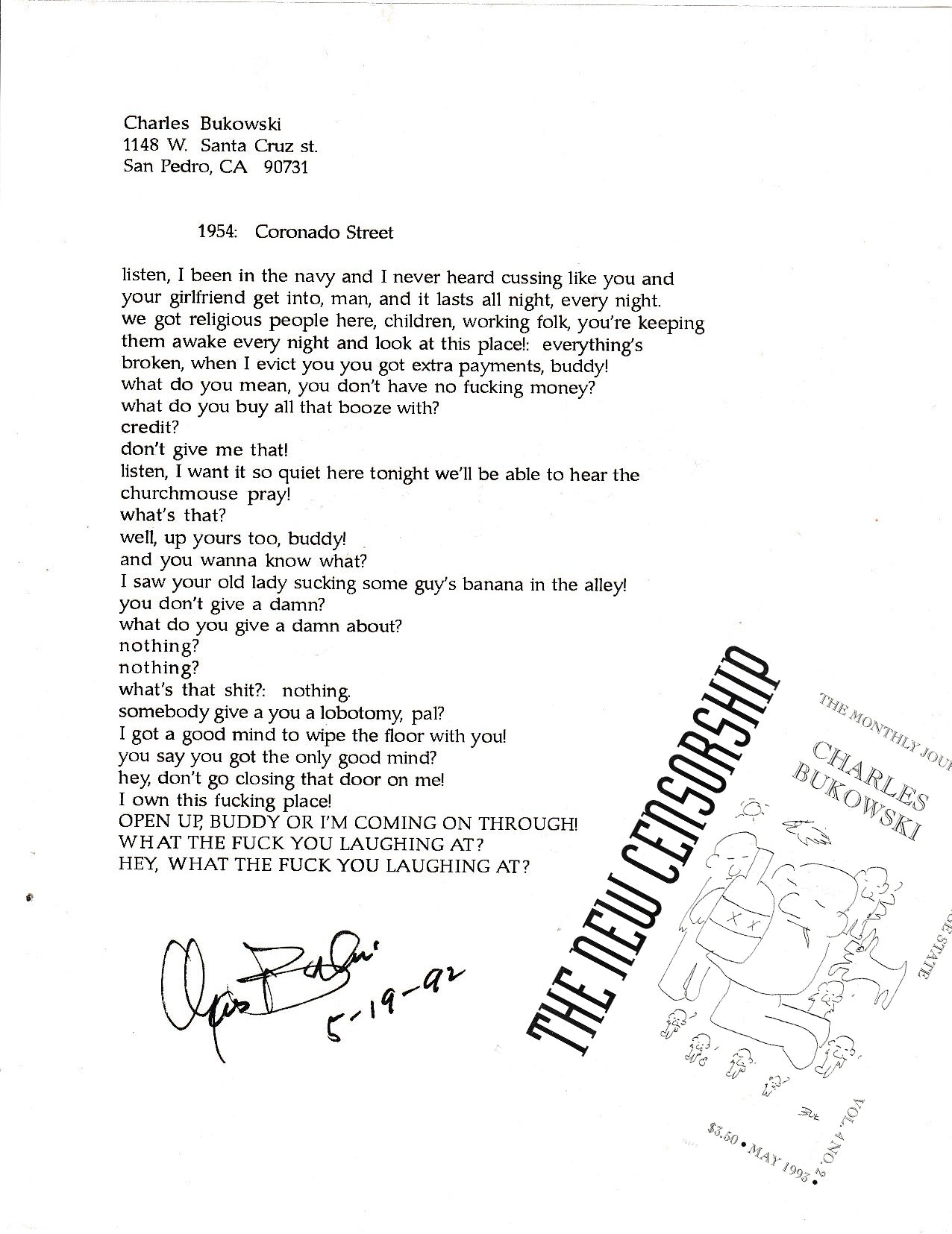 1954: Coronado Street -- Signed, Uncollected Poem by Charles Bukowski