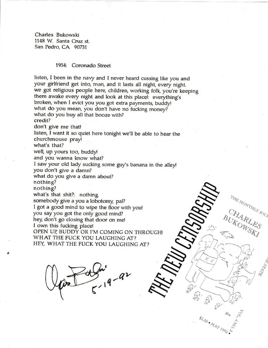 1954: Coronado Street -- Signed, Uncollected Poem by Charles Bukowski