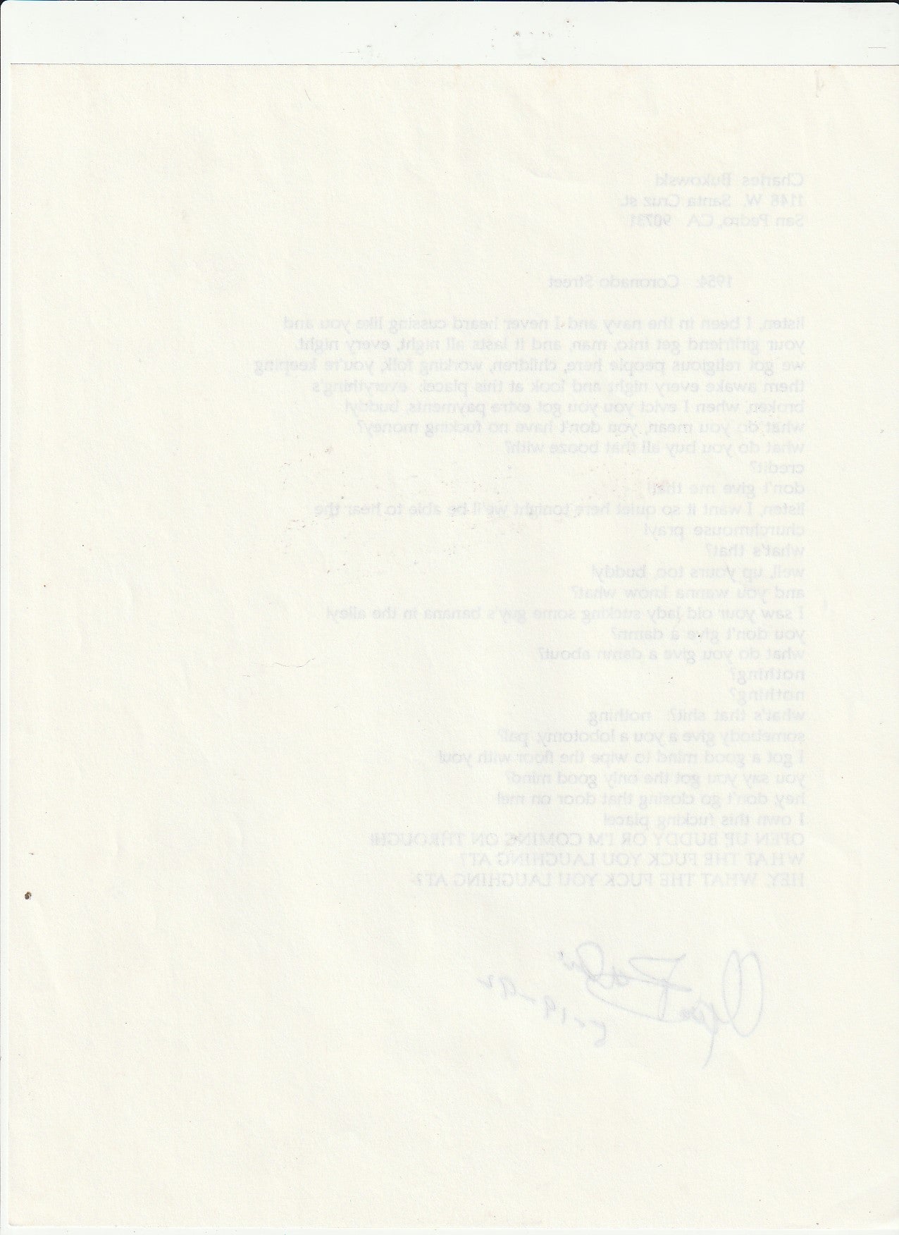 1954: Coronado Street -- Signed, Uncollected Poem by Charles Bukowski