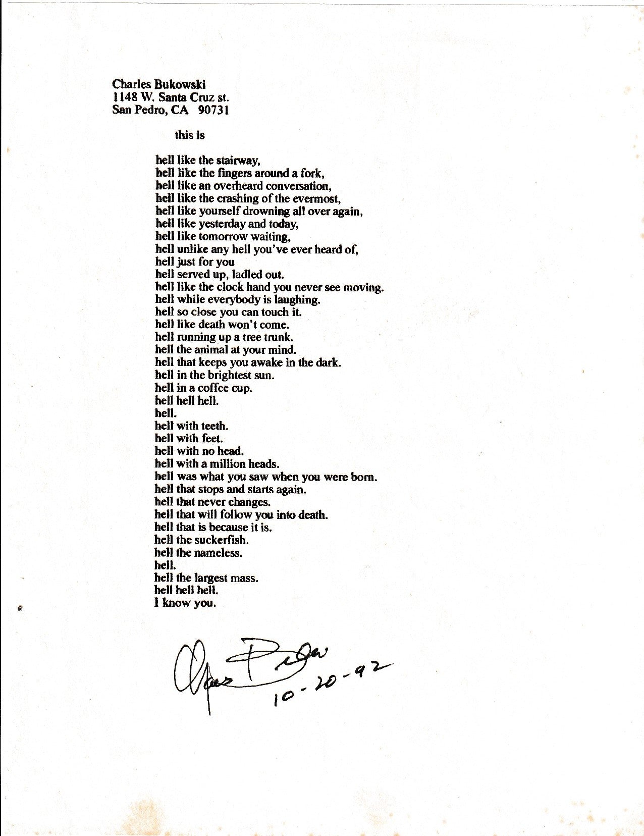This is: Signed, Unpublished Poem by Charles Bukowski