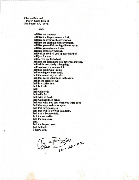 This is: Signed, Unpublished Poem by Charles Bukowski