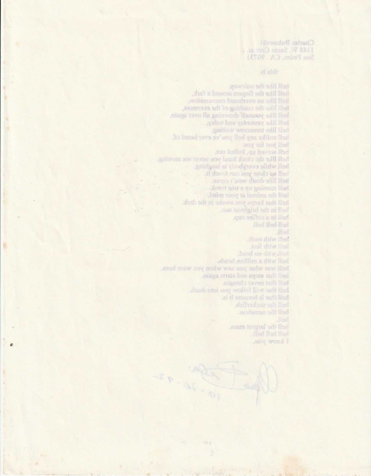 This is: Signed, Unpublished Poem by Charles Bukowski