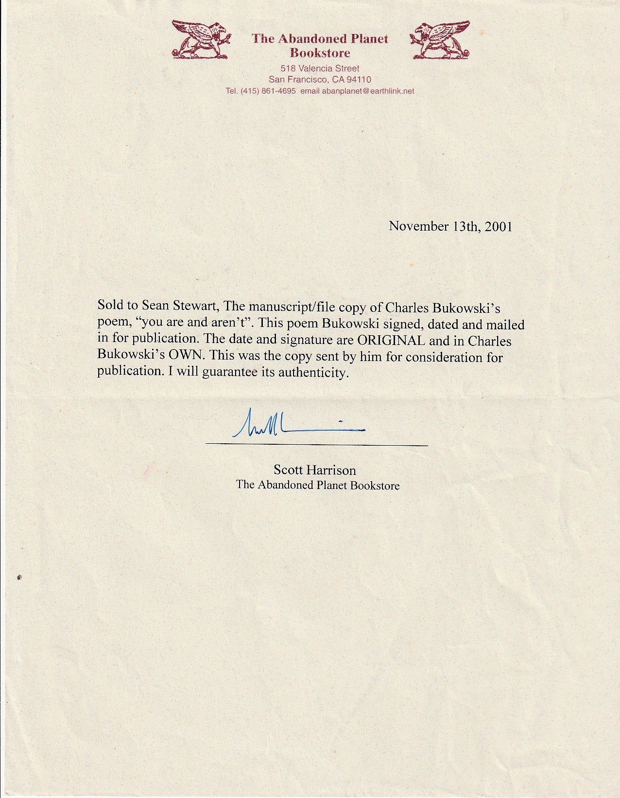 You are and aren’t: Signed, Uncollected Poem by Charles Bukowski