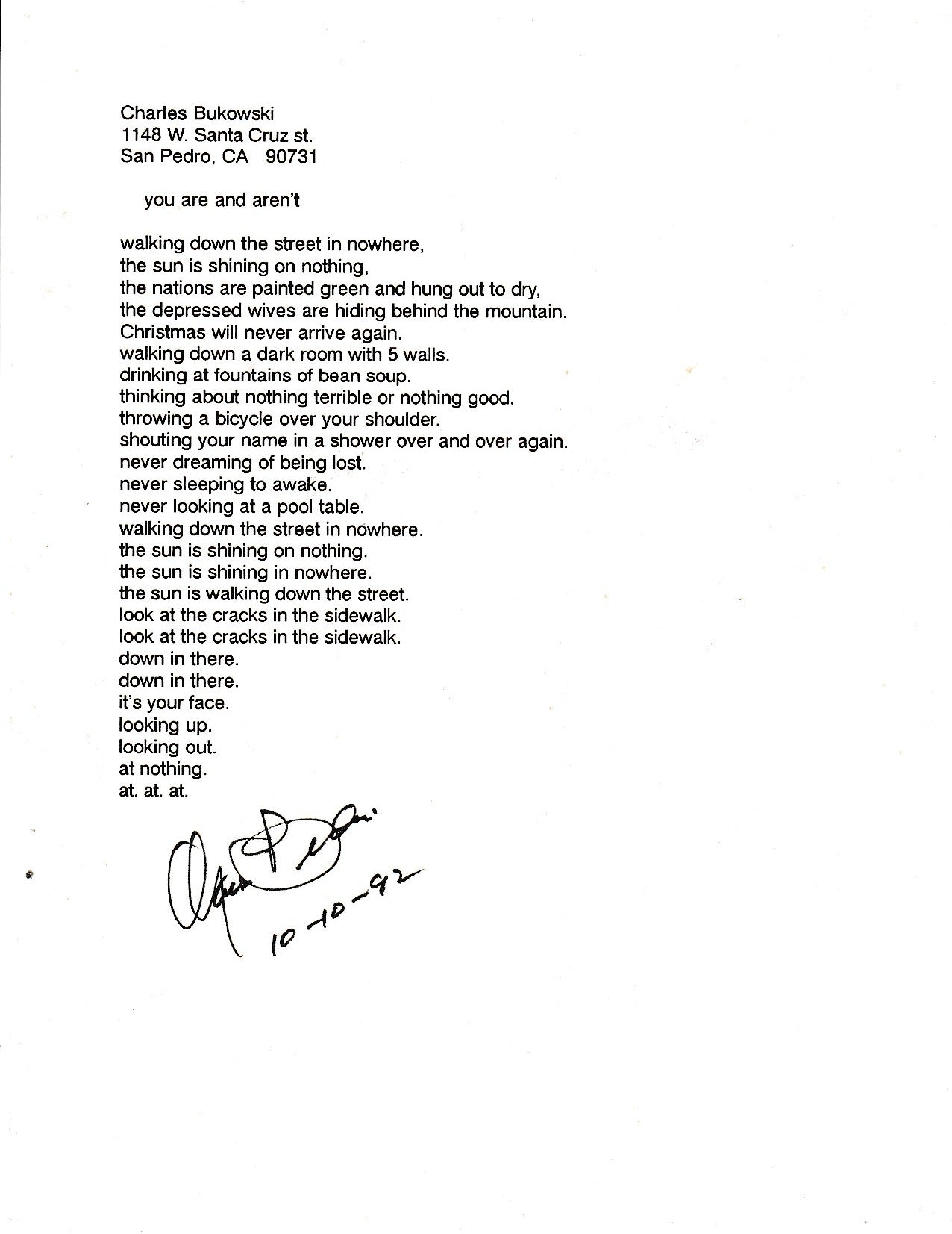 You are and aren’t: Signed, Uncollected Poem by Charles Bukowski