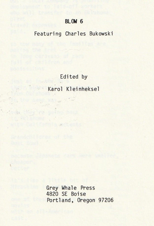 Blow 6: All-Bukowski Issue Signed by Charles Bukowski