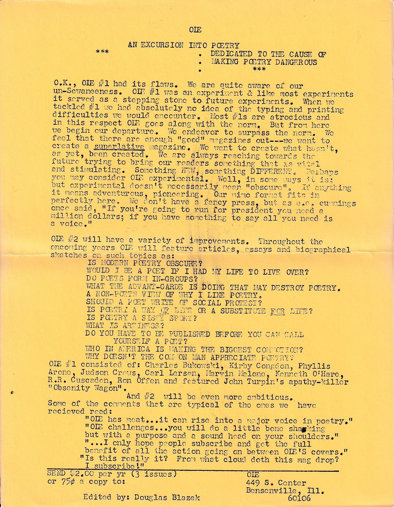 OLE 1 with Flyer (#65/400): One Uncollected and Two First Appearance Poems