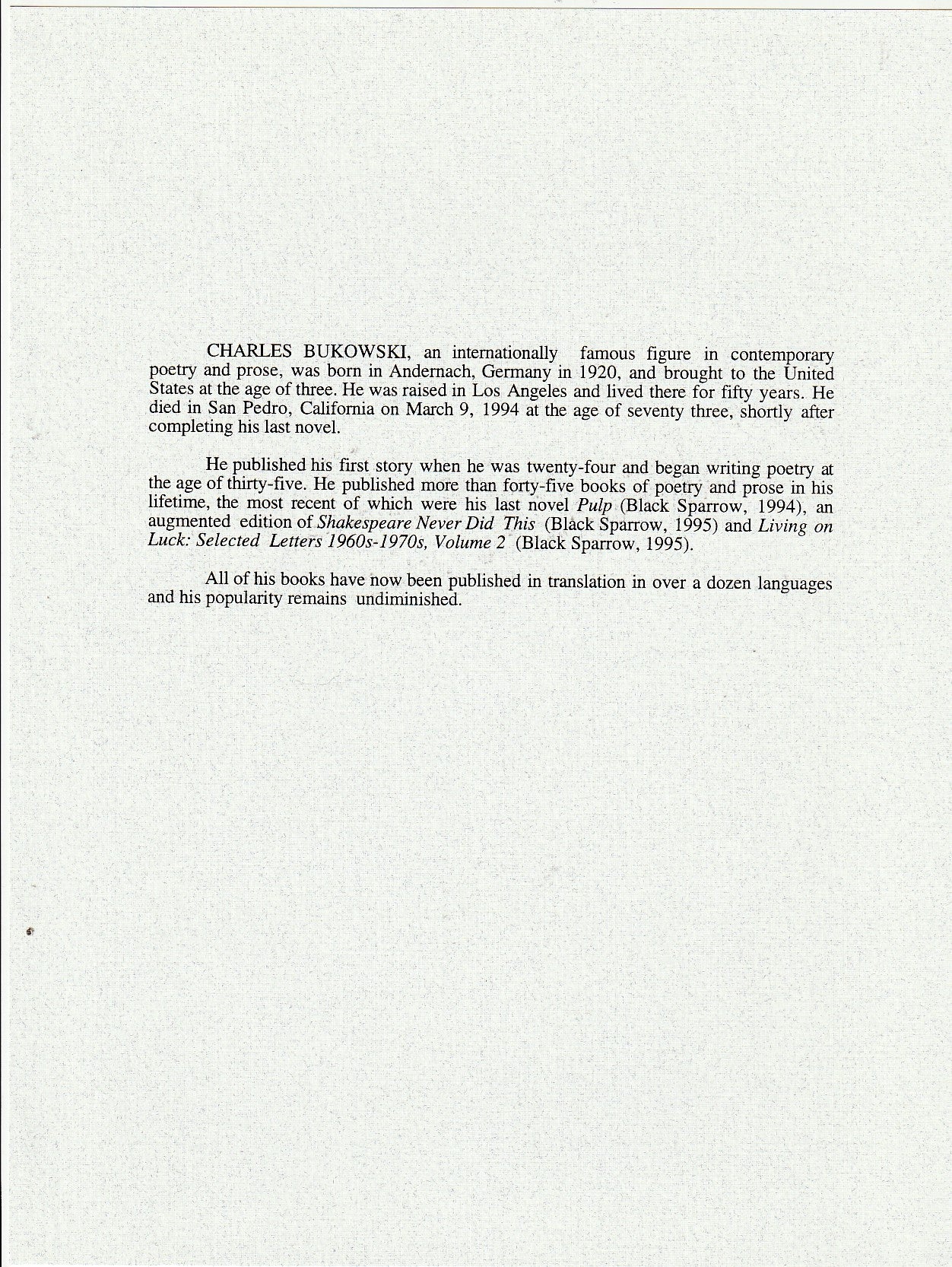 The Iris Prints: Copy J of 26 Copies Signed by Charles Bukowski