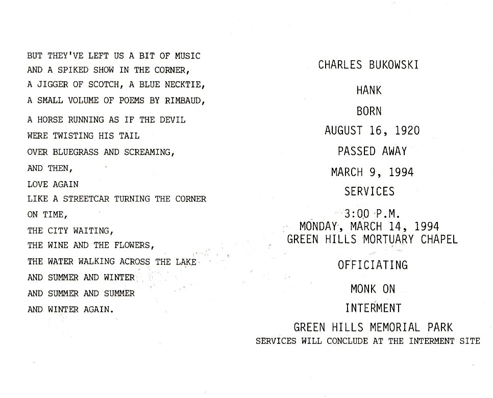 Funeral Card for Charles Bukowski Memorial Service