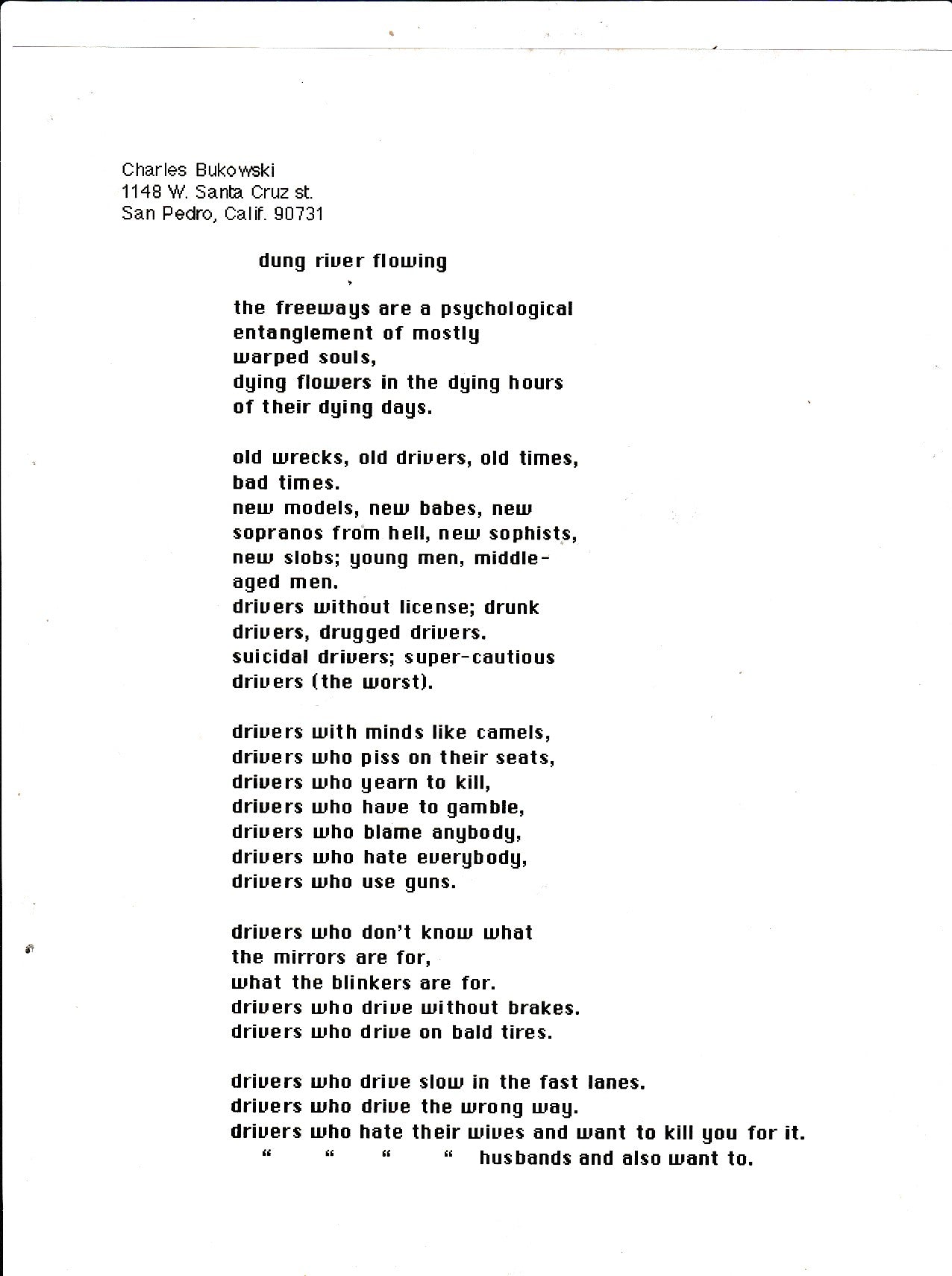 Signed Manuscript by Charles Bukowski: dung river floating