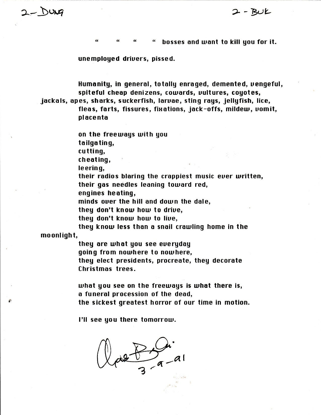 Signed Manuscript by Charles Bukowski: dung river floating