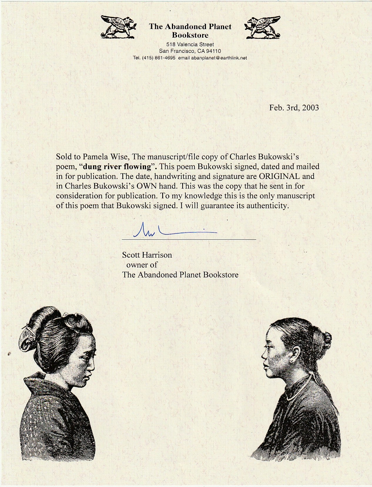 Signed Manuscript by Charles Bukowski: dung river floating