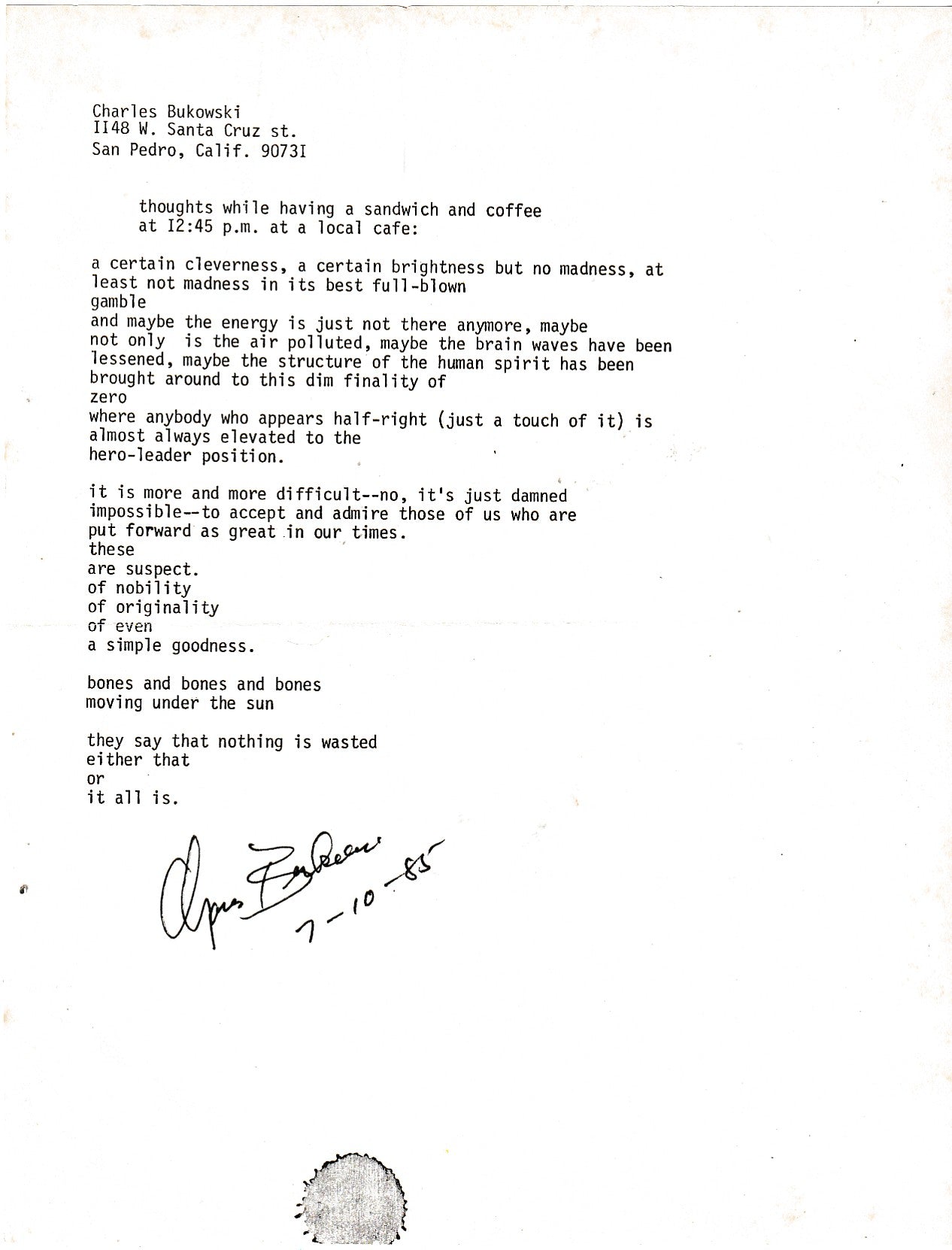Signed Manuscript by Charles Bukowski: thoughts while having a sandwich and coffee at 12:45 p.m. at a local café