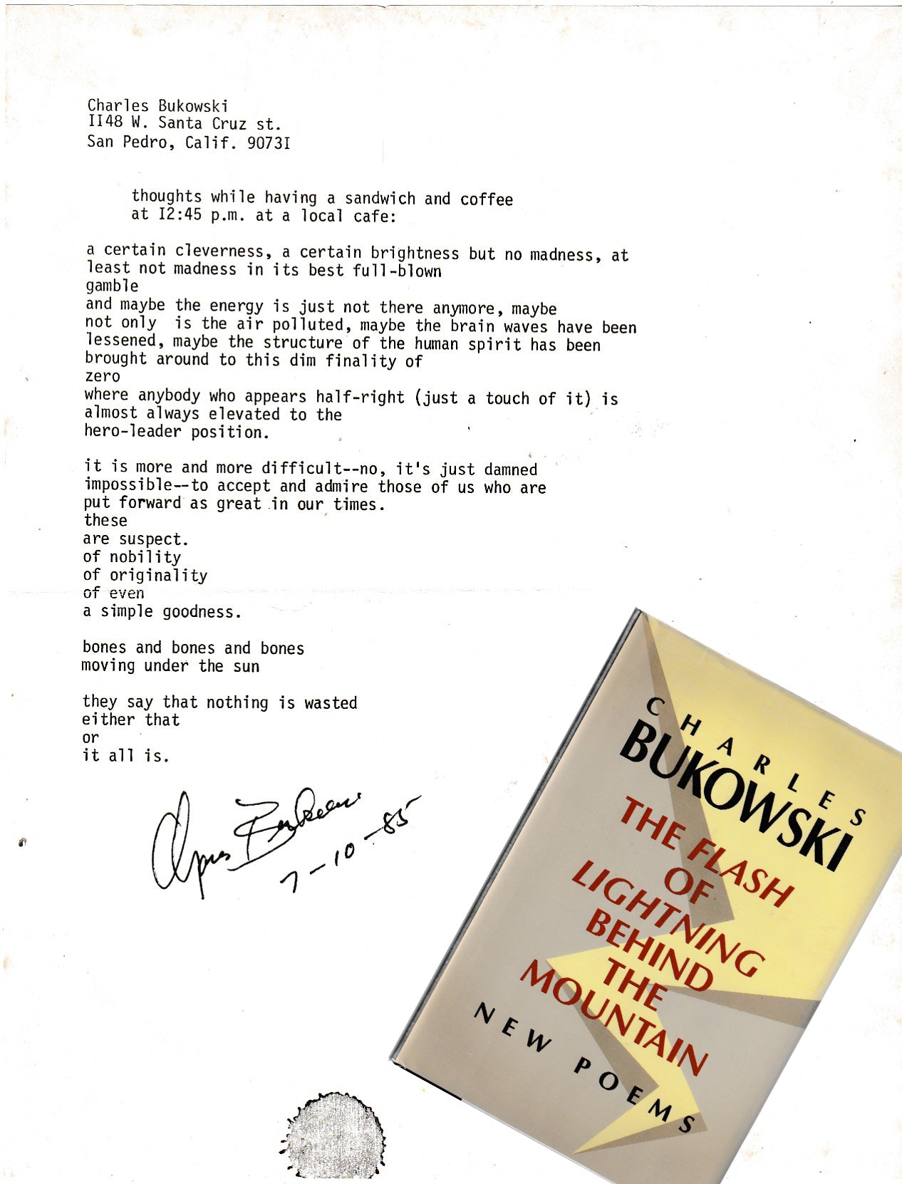 Signed Manuscript by Charles Bukowski: thoughts while having a sandwich and coffee at 12:45 p.m. at a local café