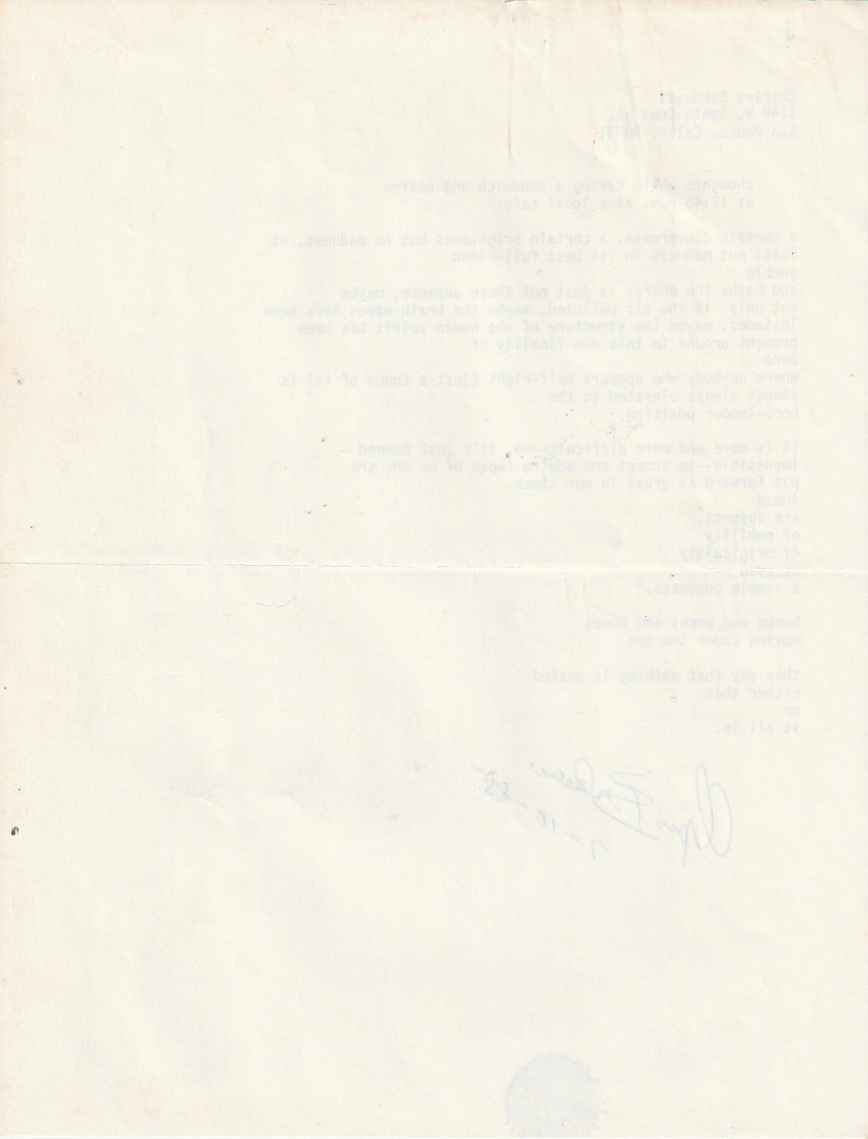 Signed Manuscript by Charles Bukowski: thoughts while having a sandwich and coffee at 12:45 p.m. at a local café