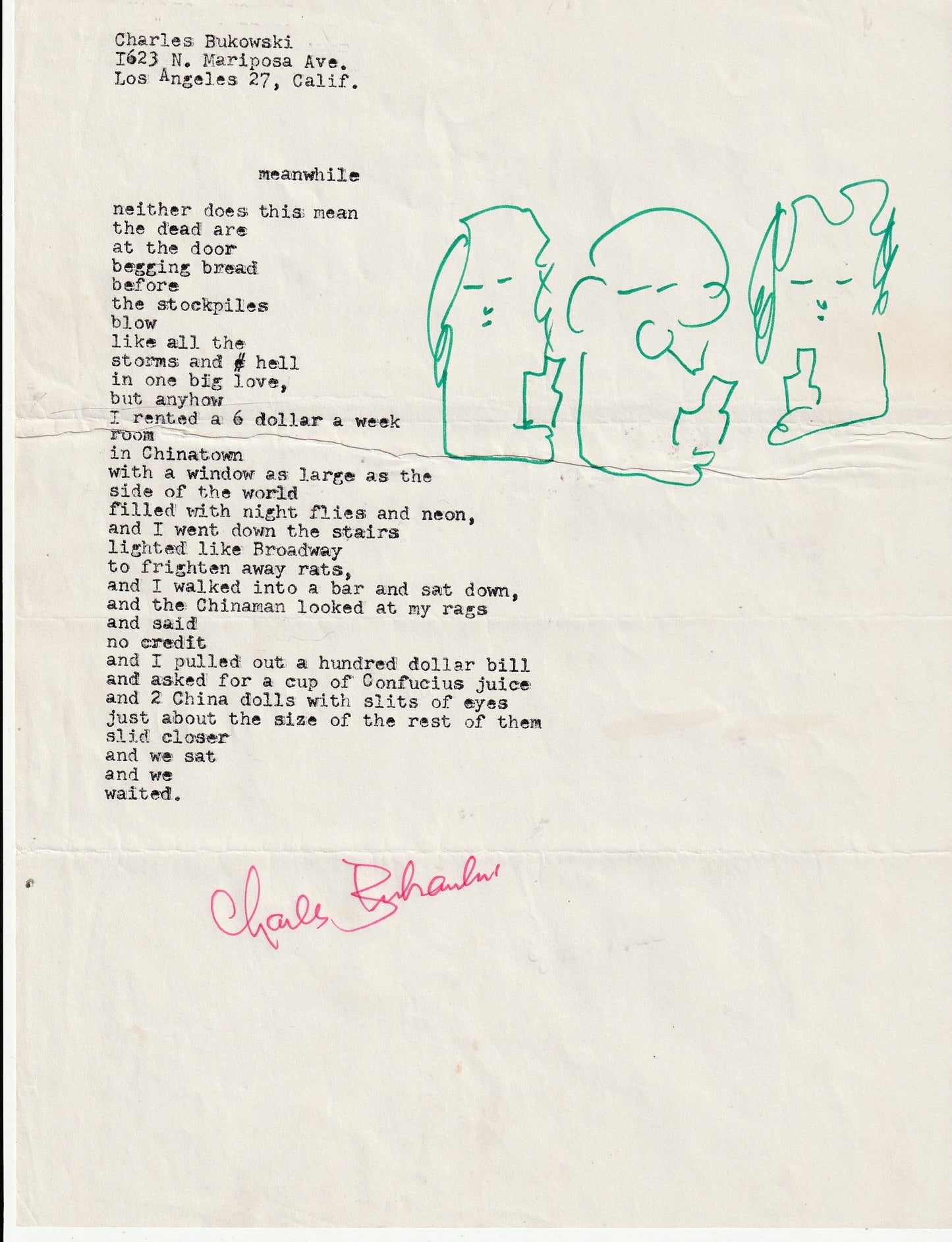 Signed, Very Early (1962?) Charles Bukowski Manuscript with Drawing: Meanwhile