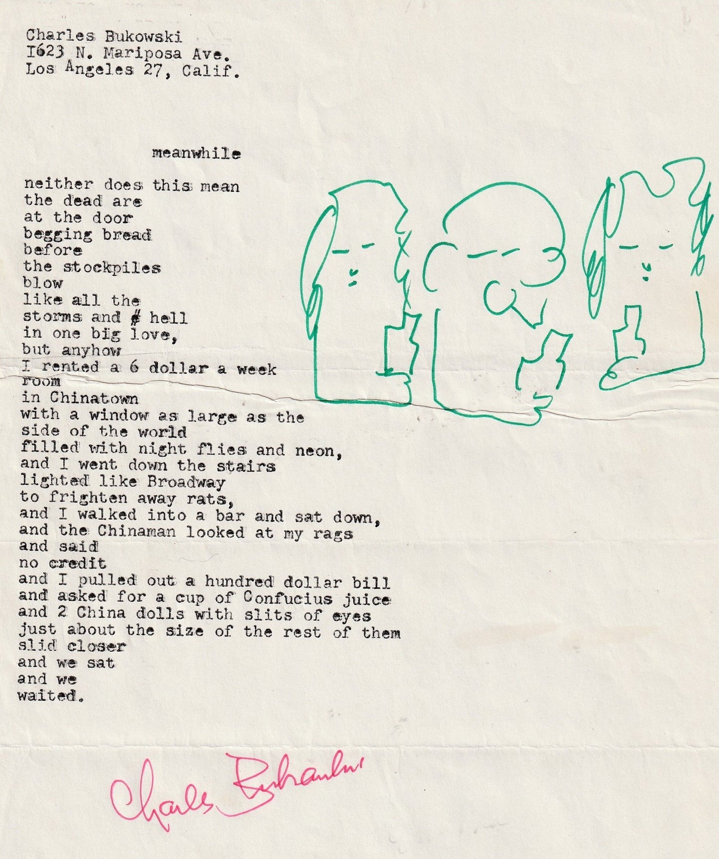 Signed, Very Early (1962?) Charles Bukowski Manuscript with Drawing: Meanwhile