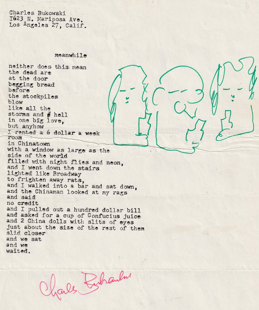 Signed, Very Early Charles Bukowski Manuscript with Drawing: Meanwhile