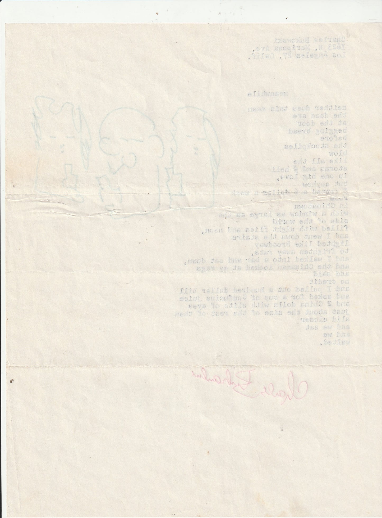 Signed, Very Early (1962?) Charles Bukowski Manuscript with Drawing: Meanwhile