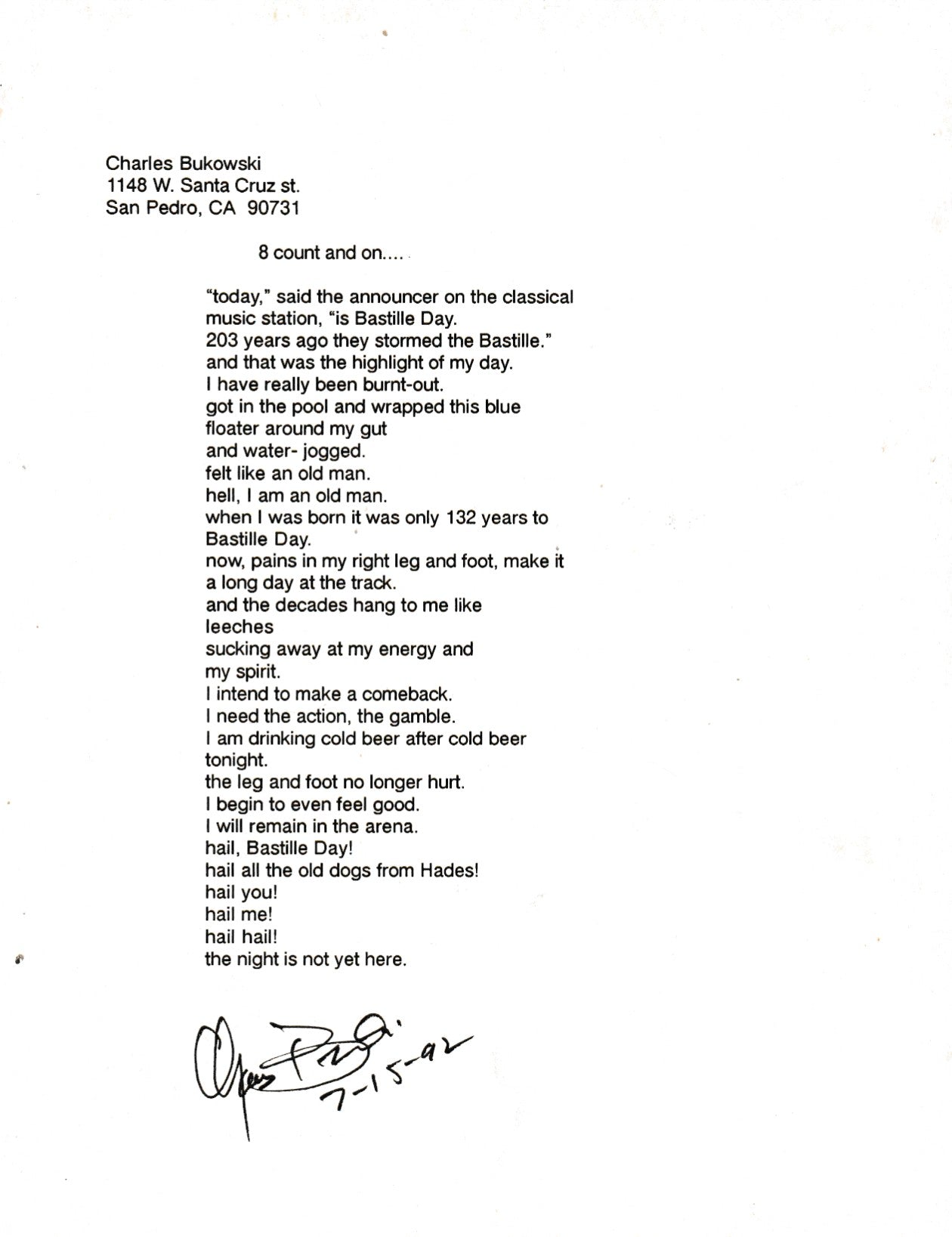 8 Count And On: Signed Manuscript by Charles Bukowski from “Come On In!”
