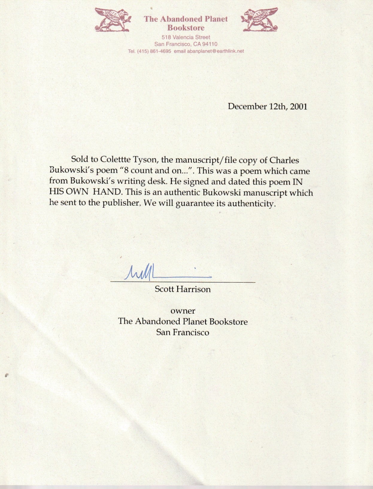 8 Count And On: Signed Manuscript by Charles Bukowski from “Come On In!”