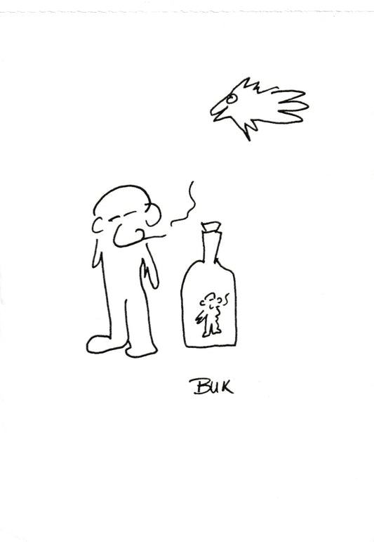 Original Drawing by Charles Bukowski: Ink on Paper — Little Man in a Bottle