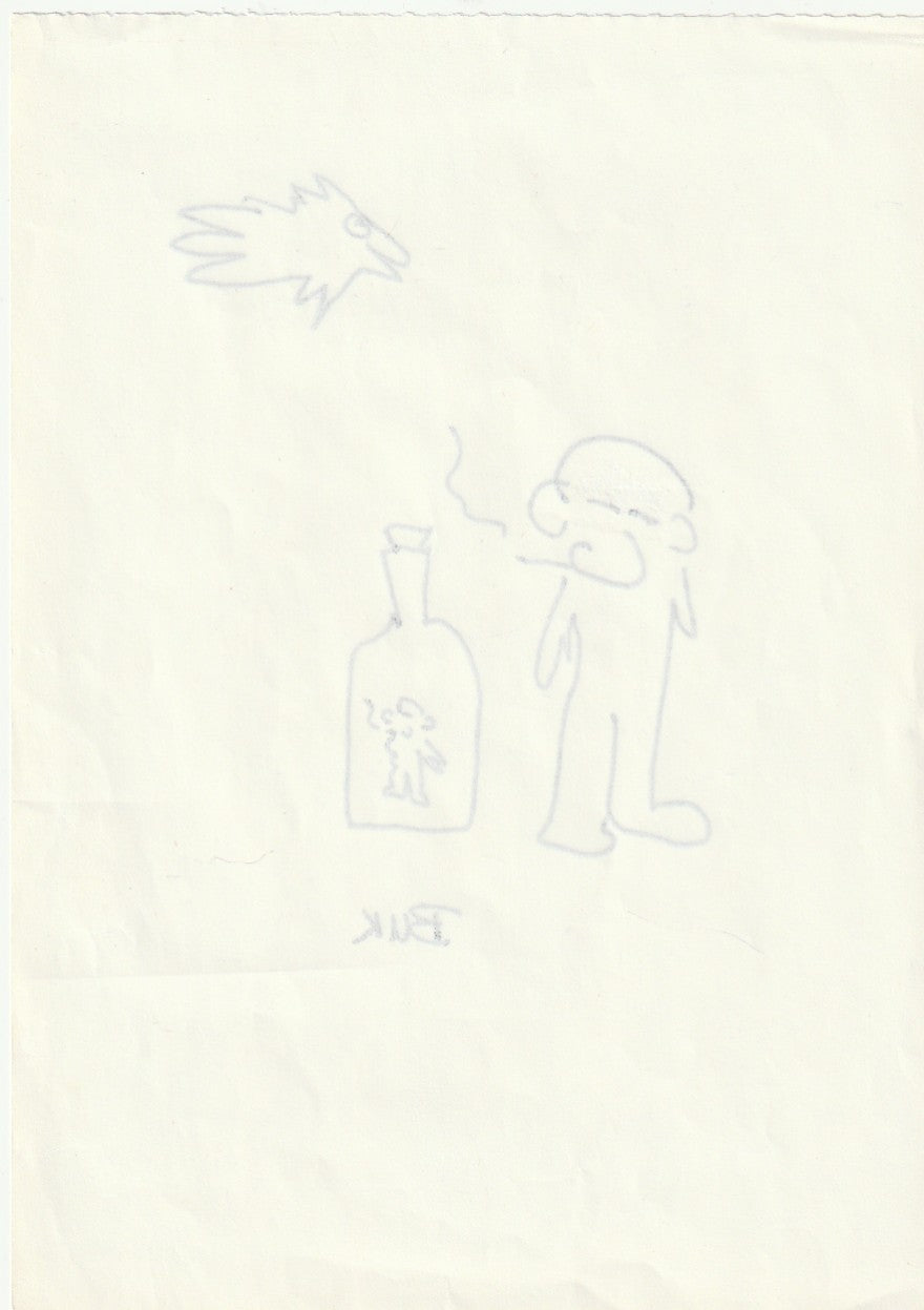 Original Drawing by Charles Bukowski: Ink on Paper — Little Man in a Bottle