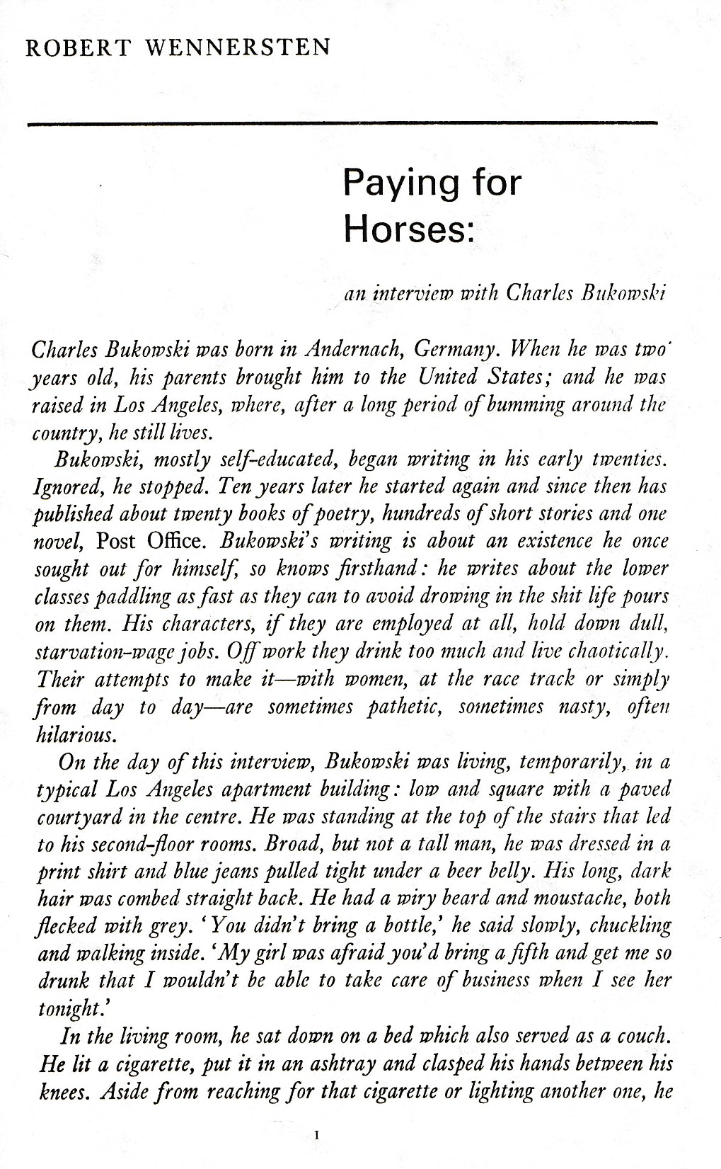 Paying for Horses – Bootleg Chapbook w/ Charles Bukowski Interview