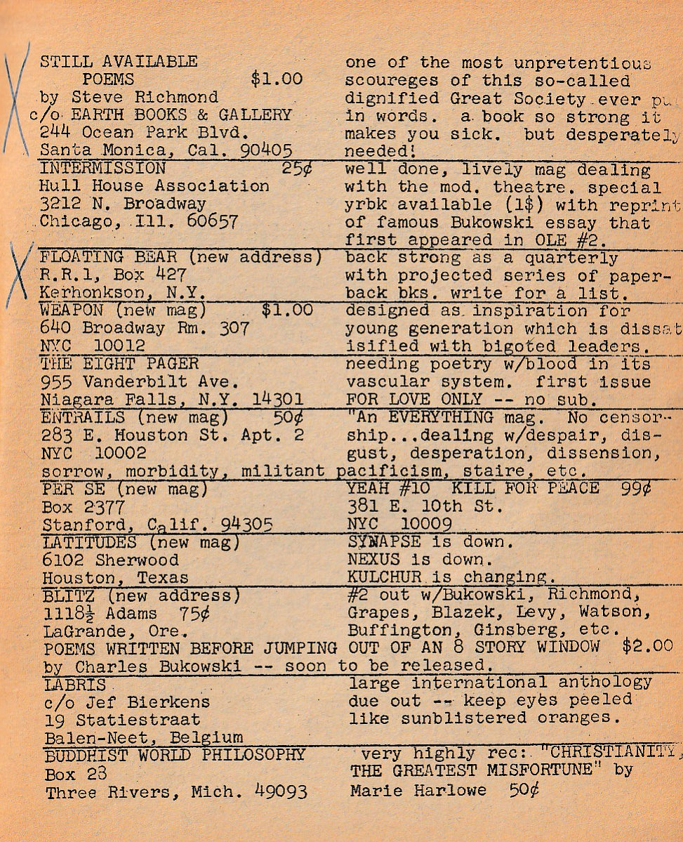 OLE 4: Book Advertisement, Book Review, Product Review and One First Appearance Poem (1966)