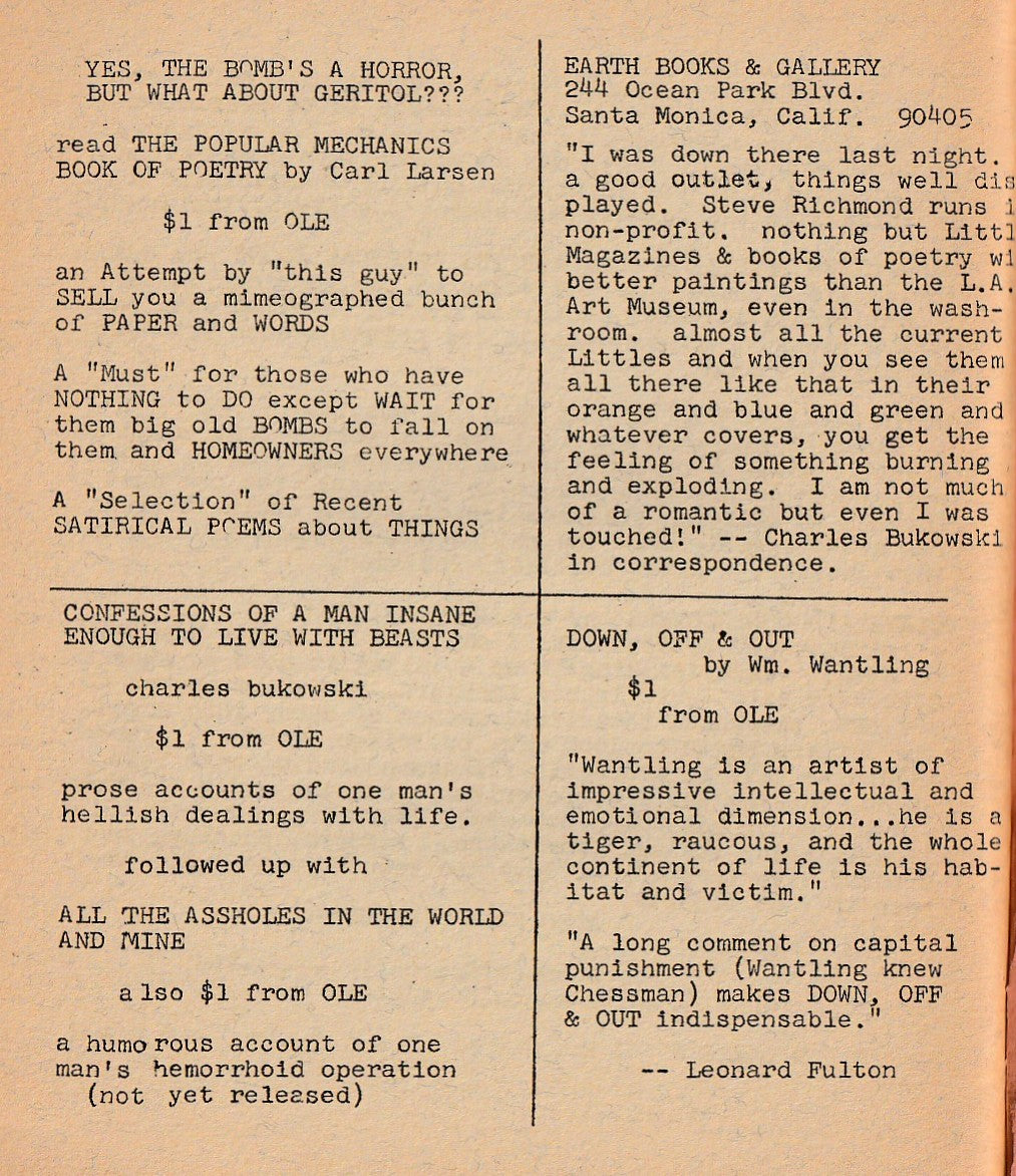 OLE 4: Book Advertisement, Book Review, Product Review and One First Appearance Poem (1966)