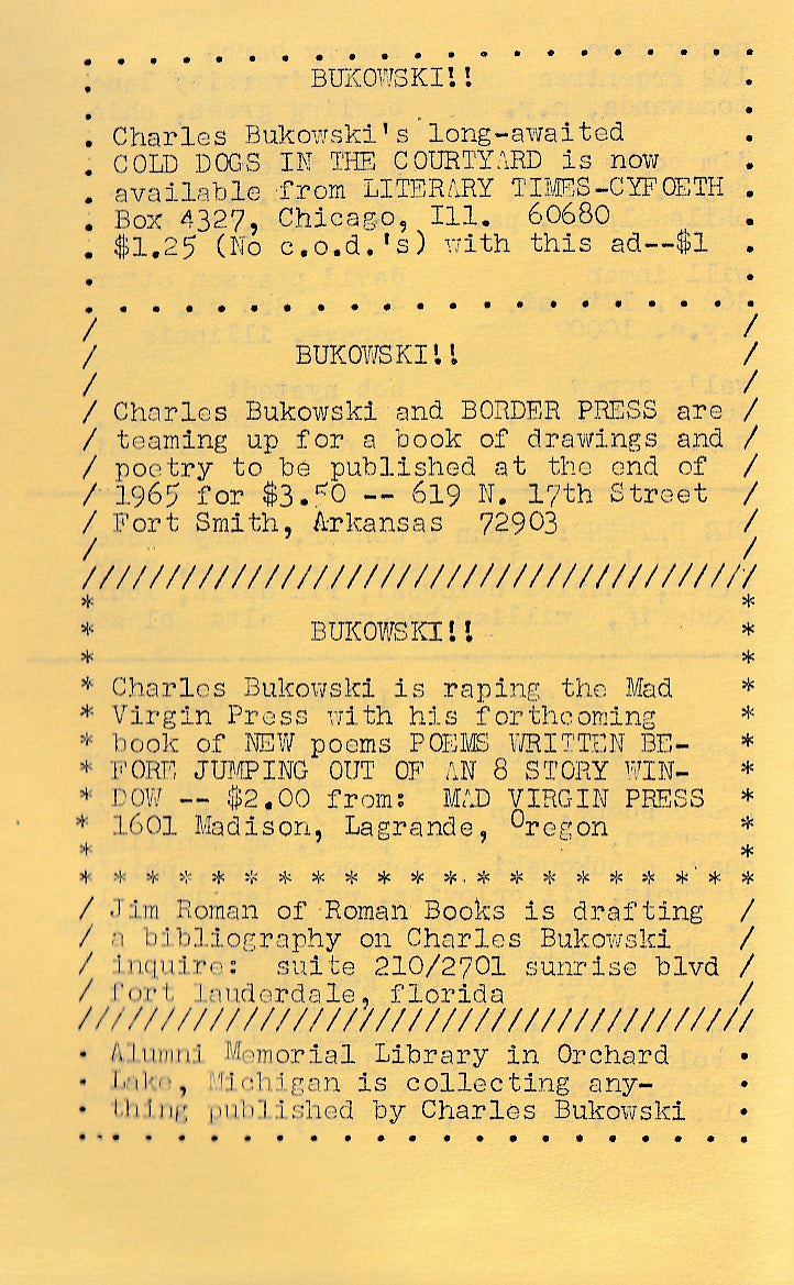OLE 3: One Uncollected Charles Bukowski Poem and Several Bukowski Ads