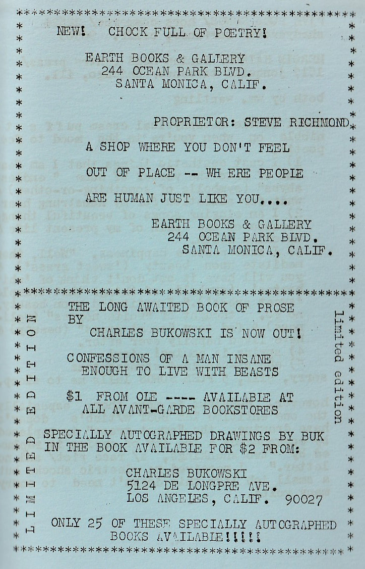 OLE 3: One Uncollected Charles Bukowski Poem and Several Bukowski Ads