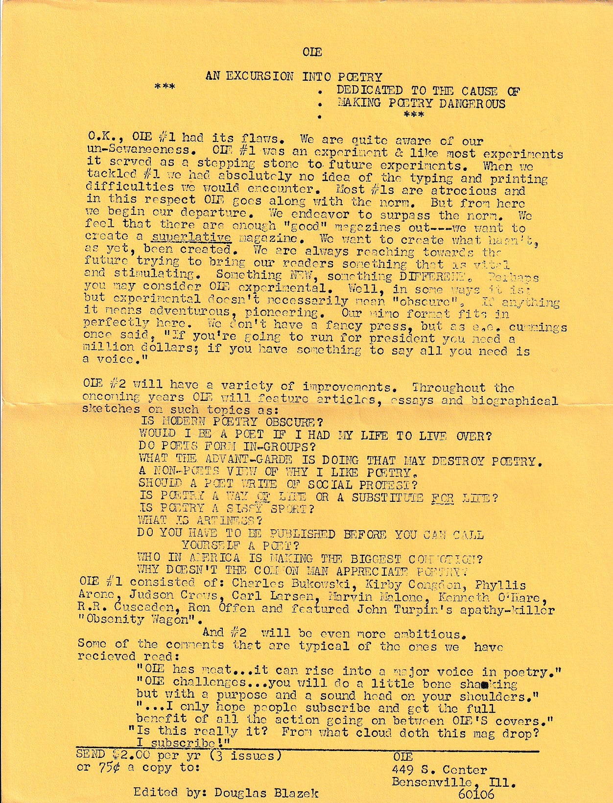 OLE 1 -- Hand-Colored Covers and Page w/ Flyer: One Uncollected, Two First Appearance Poems by Charles Bukowski (1964)