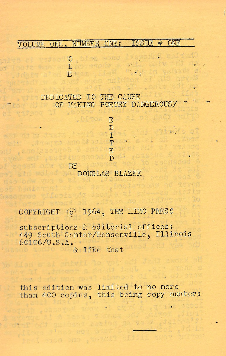 OLE 1 -- Hand-Colored Covers and Page w/ Flyer: One Uncollected, Two First Appearance Poems by Charles Bukowski (1964)