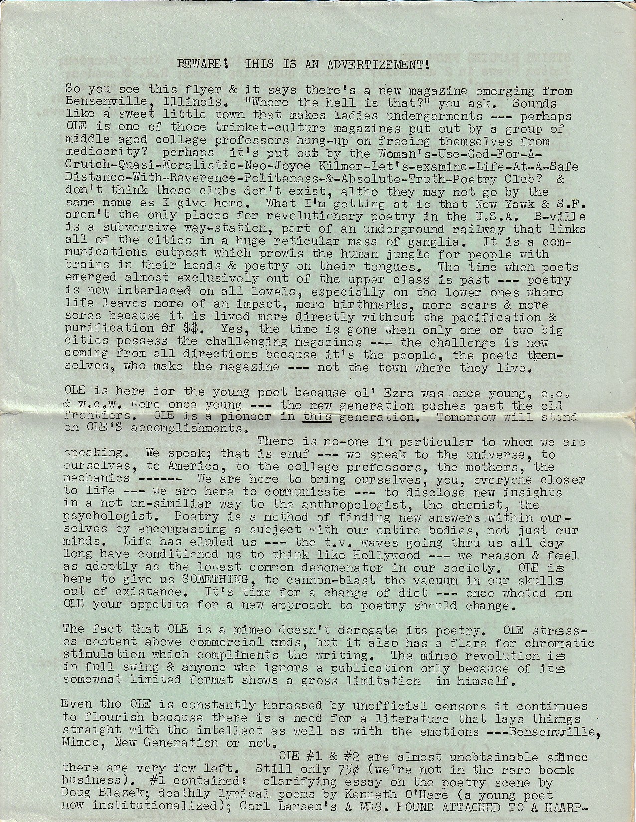 OLE No. 2 w/ Flyer -- A Rambling Essay On Poetics And The Bleeding Life Written While Drinking A Six-Pack (Tall) by Charles Bukowski