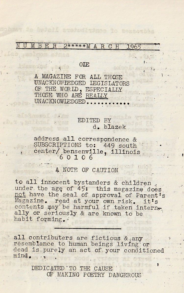 OLE No. 2 w/ Flyer -- A Rambling Essay On Poetics And The Bleeding Life Written While Drinking A Six-Pack (Tall) by Charles Bukowski