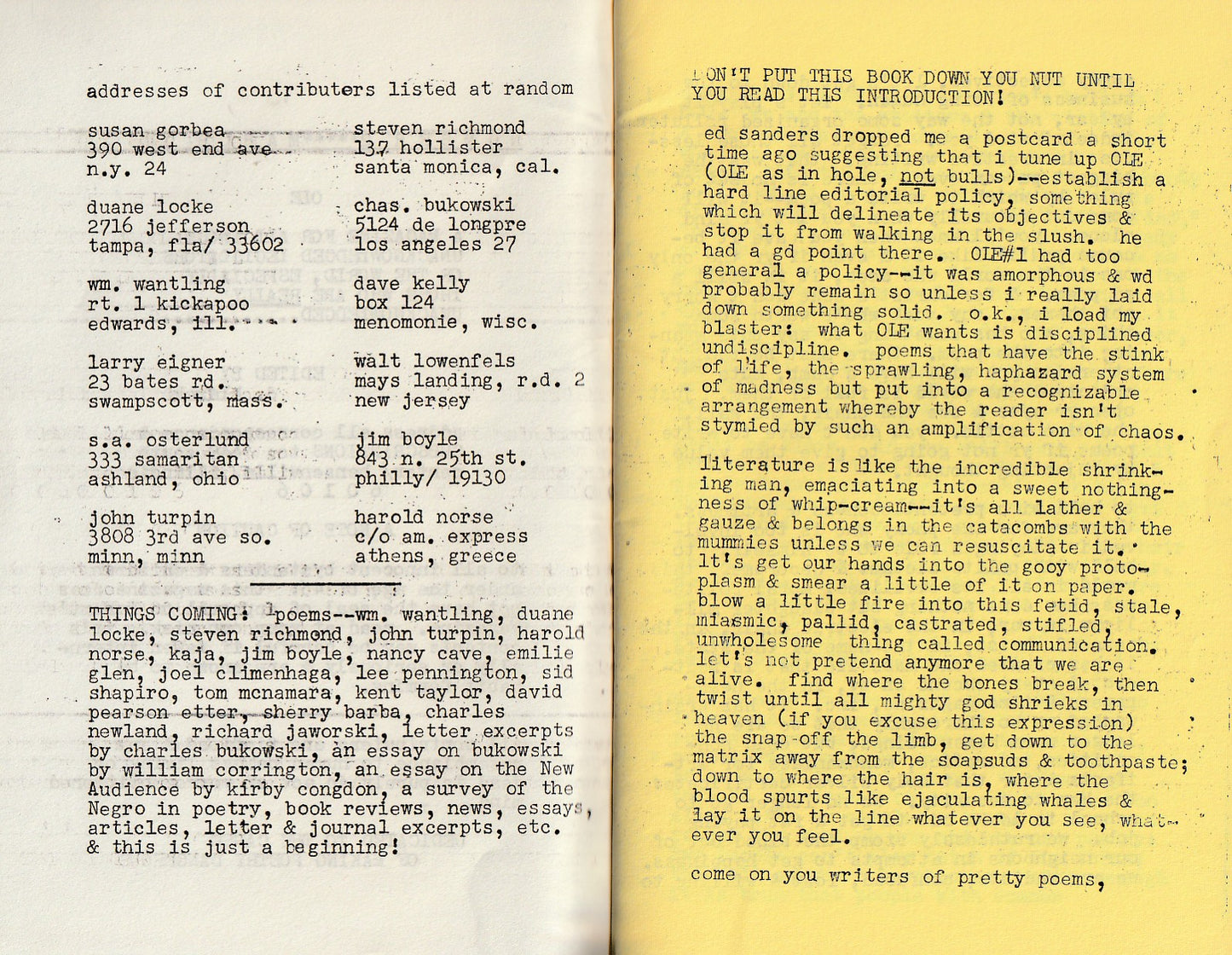 OLE No. 2 w/ Flyer -- A Rambling Essay On Poetics And The Bleeding Life Written While Drinking A Six-Pack (Tall) by Charles Bukowski