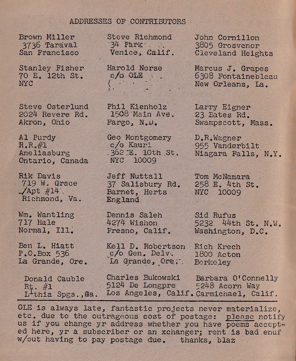 OLE No. 6 – One Uncollected, One First Appearance Charles Bukowski Poem (1966)
