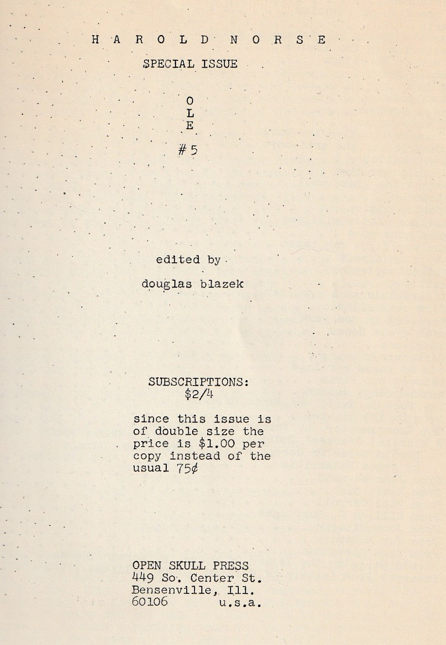 OLE No. 5 – Harold Norse Issue w/ Charles Bukowski Introduction (1966)