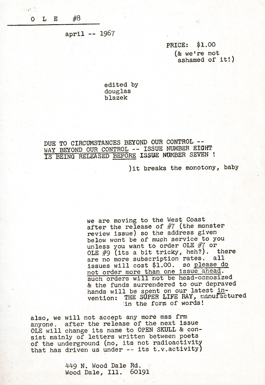 OLE No. 8 – One Uncollected Charles Bukowski Poem (1967), Final Issue