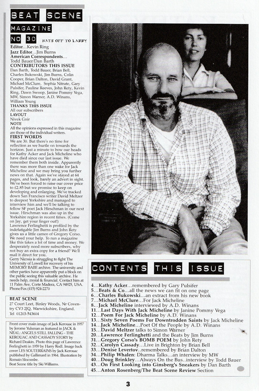 Beat Scene 30 - Remembering Jack Micheline: Five Tributes to the Poet of the People — Plus Kathy Acker, Bukowski, Ferlinghetti, Corso &amp; Carolyn Cassady