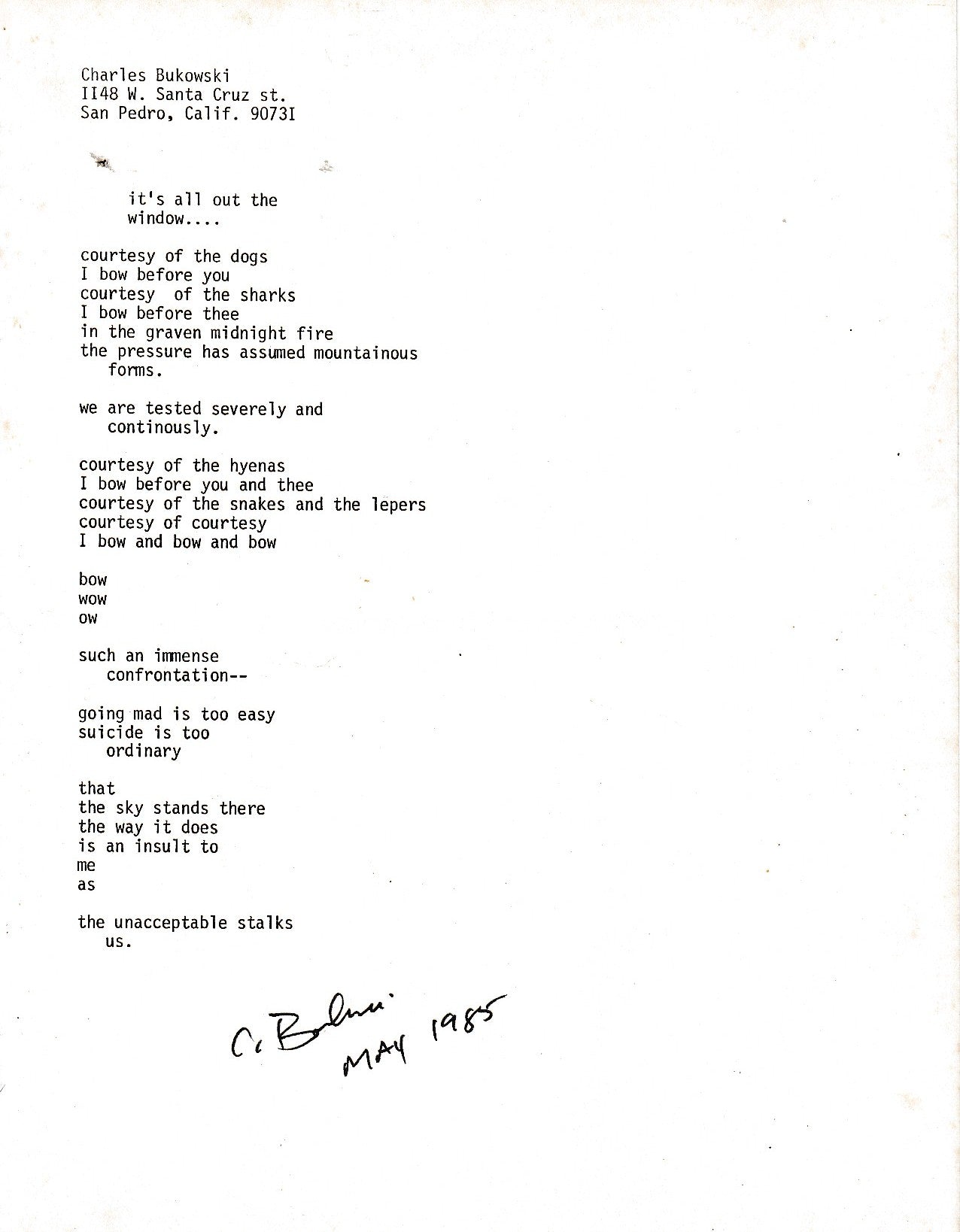 It’s All Out the Window – Signed, Unpublished Manuscript by Charles Bukowski