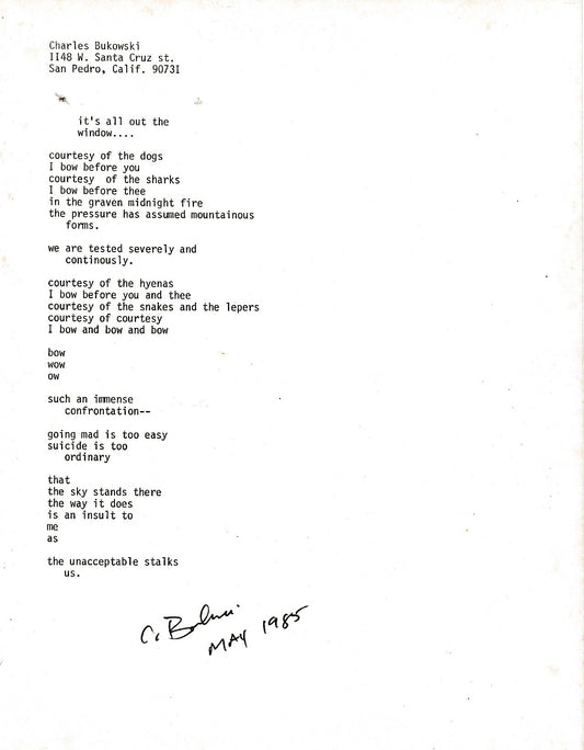 It’s All Out the Window – Signed, Unpublished Manuscript by Charles Bukowski