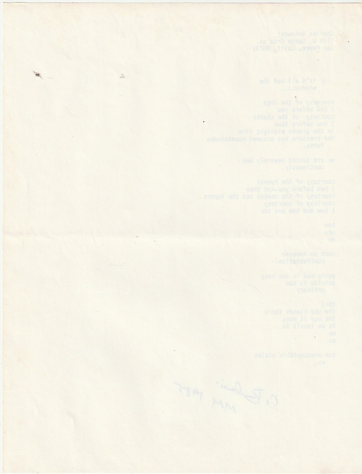 It’s All Out the Window – Signed, Unpublished Manuscript by Charles Bukowski