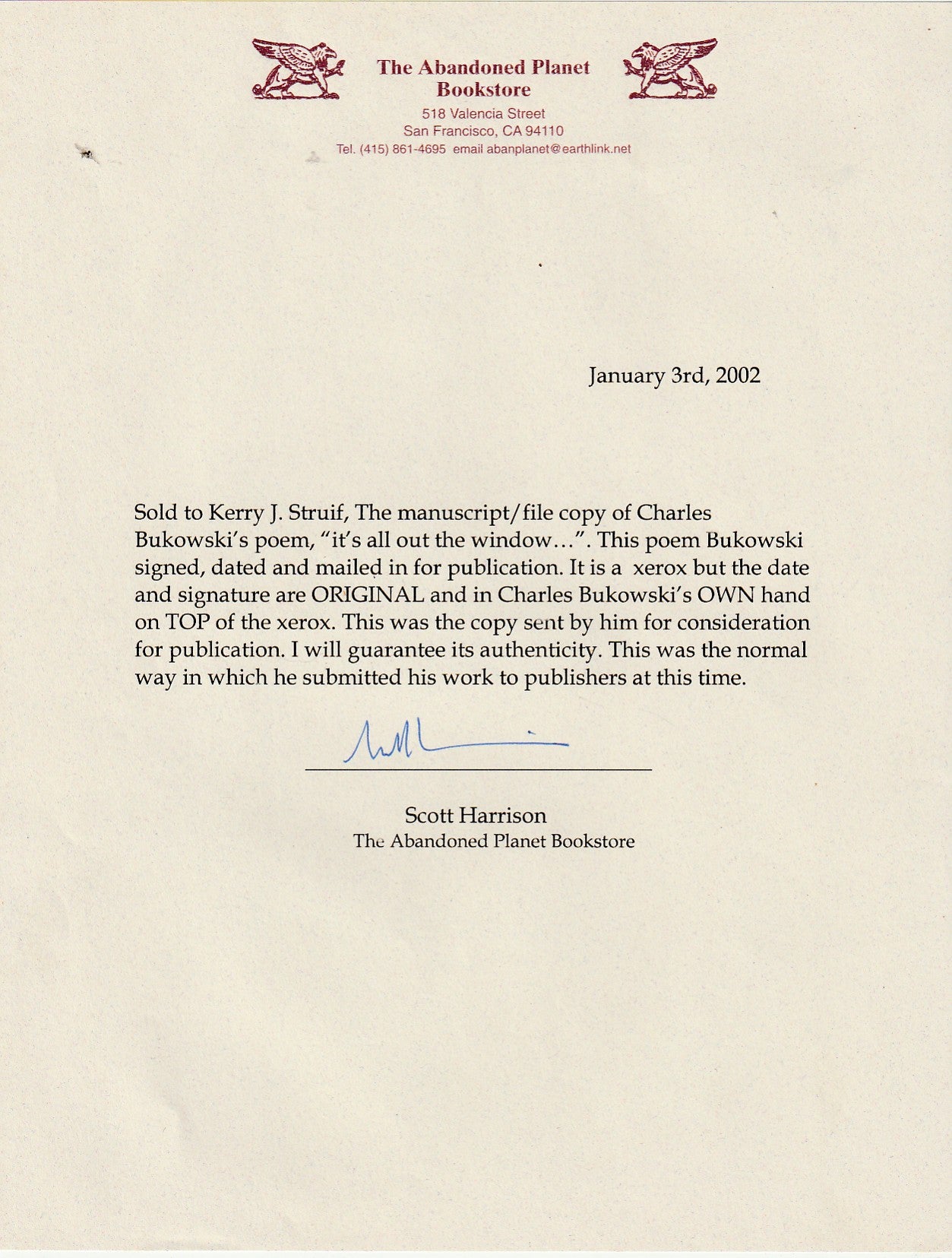 It’s All Out the Window – Signed, Unpublished Manuscript by Charles Bukowski