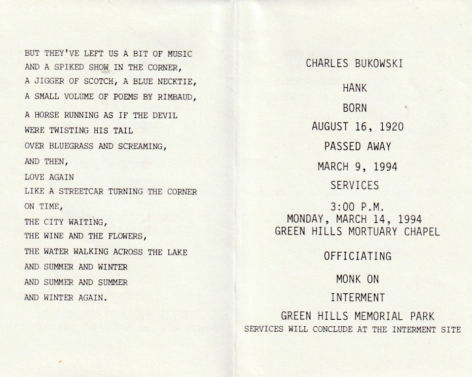 Funeral Card for Charles Bukowski Memorial Service