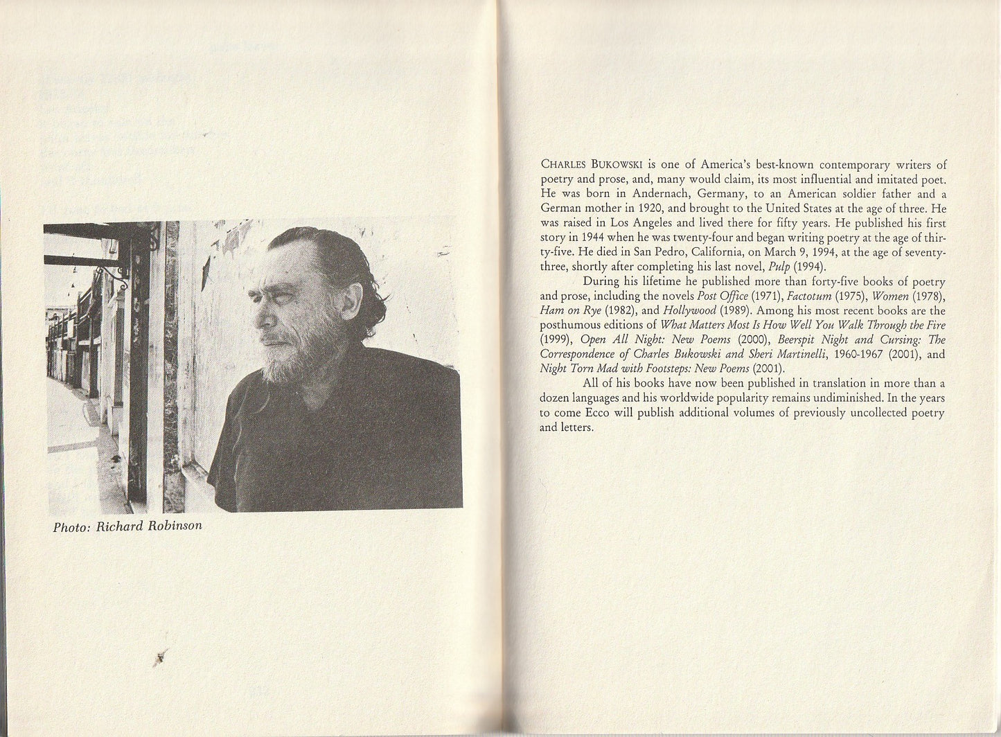 Original Photo from Burning in Water Drowning in Flame – Signed by Charles Bukowski