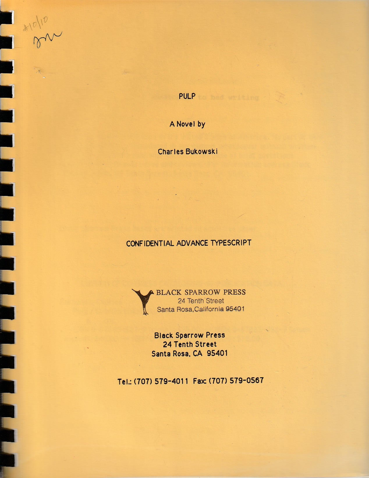 Pulp by Charles Bukowski -- Confidential Advanced Typescript Initialed by John Martin (#10/10)